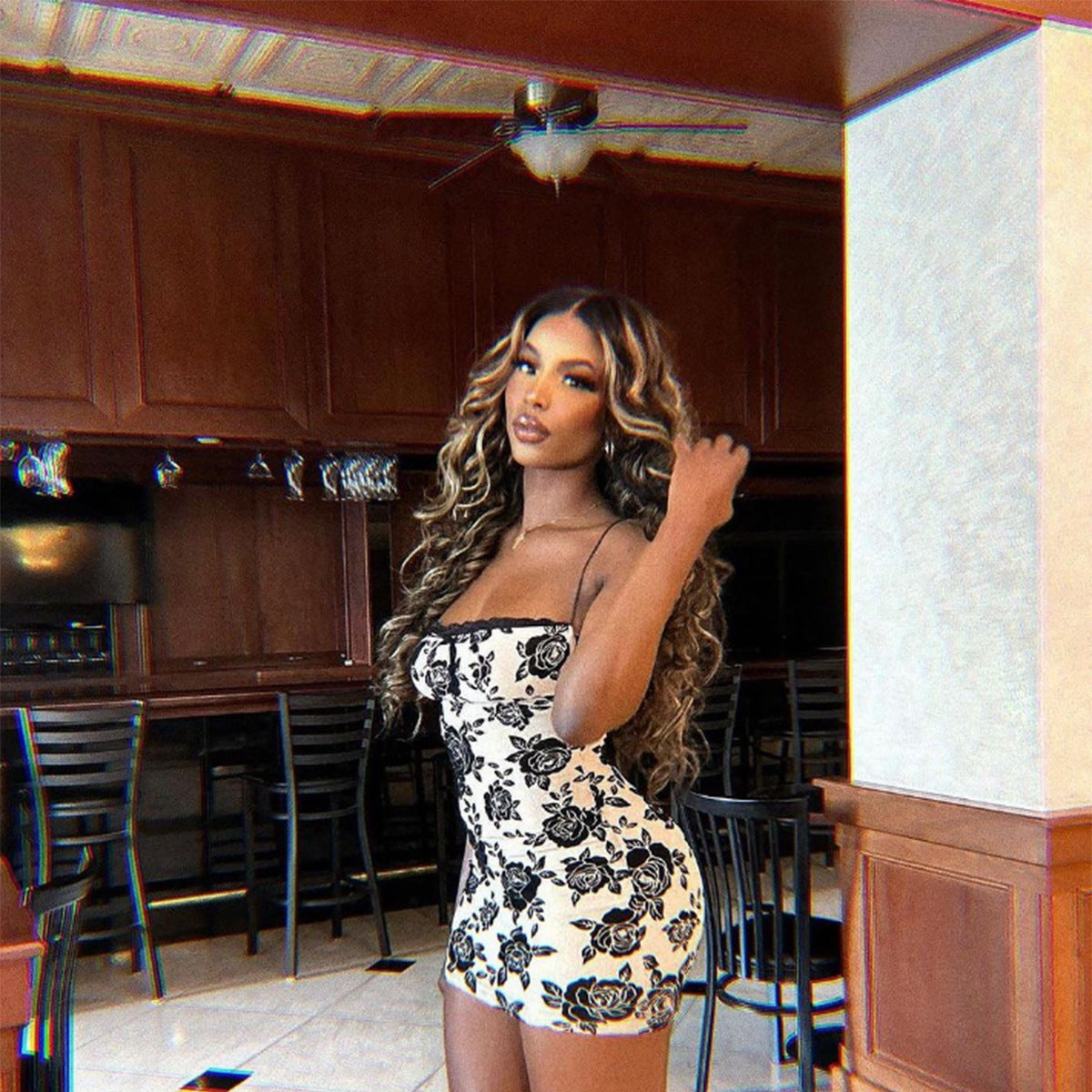 Spring Women's Fashion Low Back Strap Slim Retro Print Bodycon Dress 7