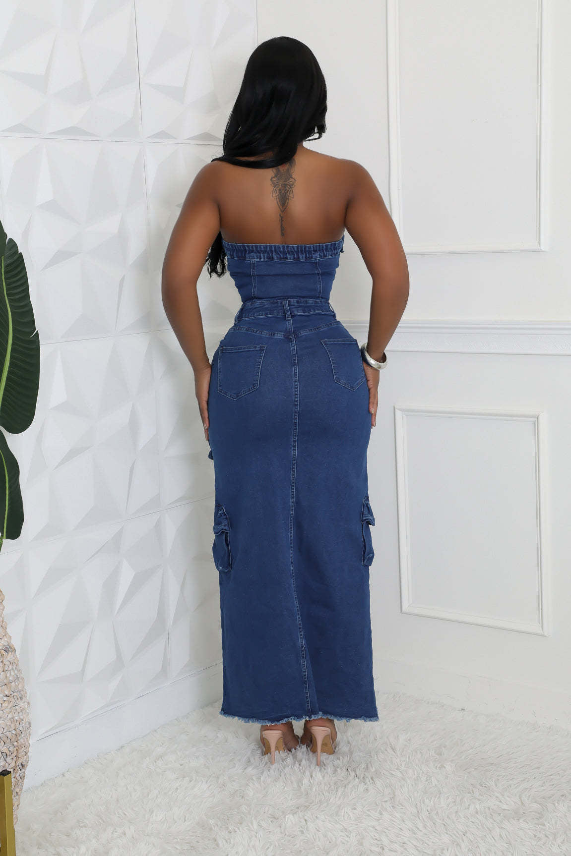 Women Sexy Strapless Off Shoulder Slit Cargo Denim Dress 5