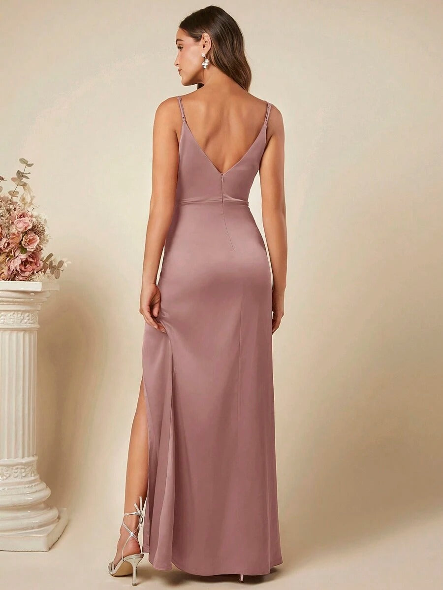 Women's Spring Summer Strap Satin Dress Sexy Pleated Bridesmaid Dress 60