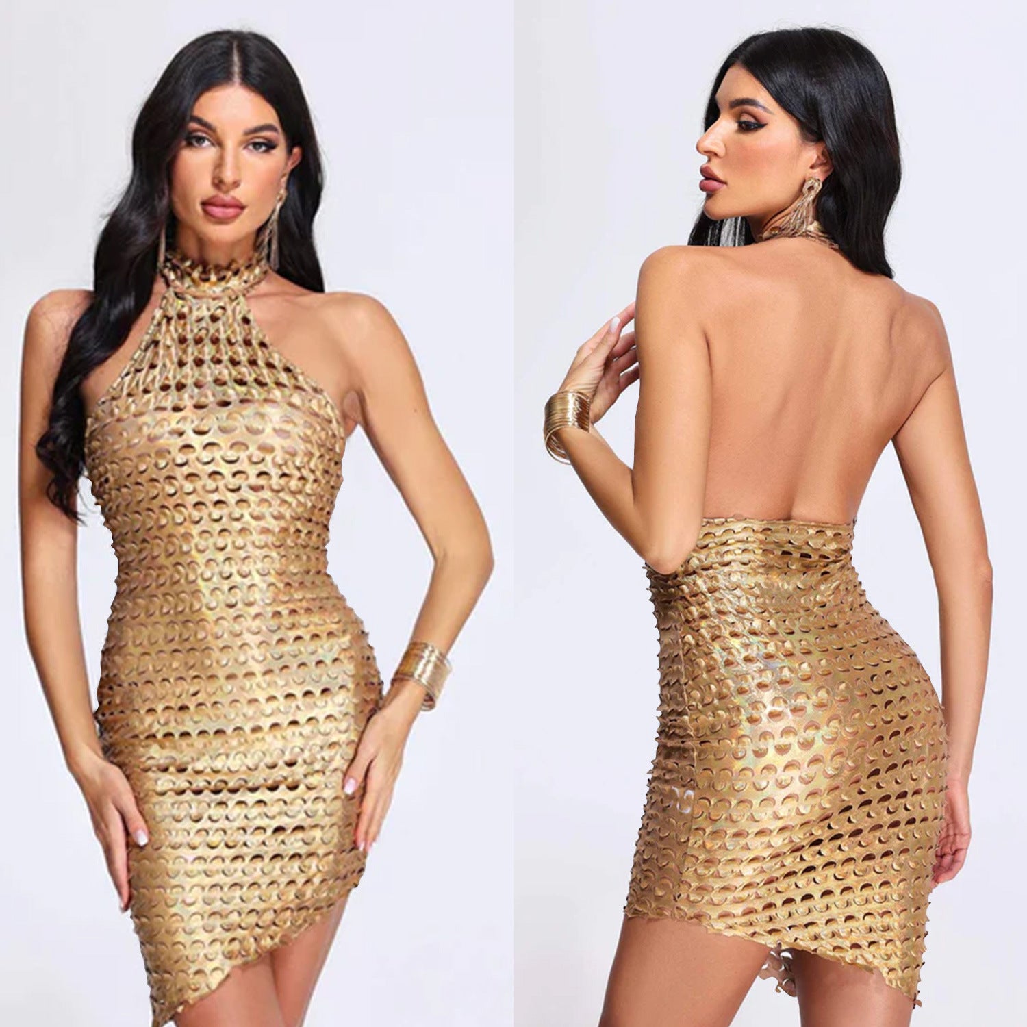 Fashion Women's Solid Color Sleeveless Low Back Halter Neck club Dress 5