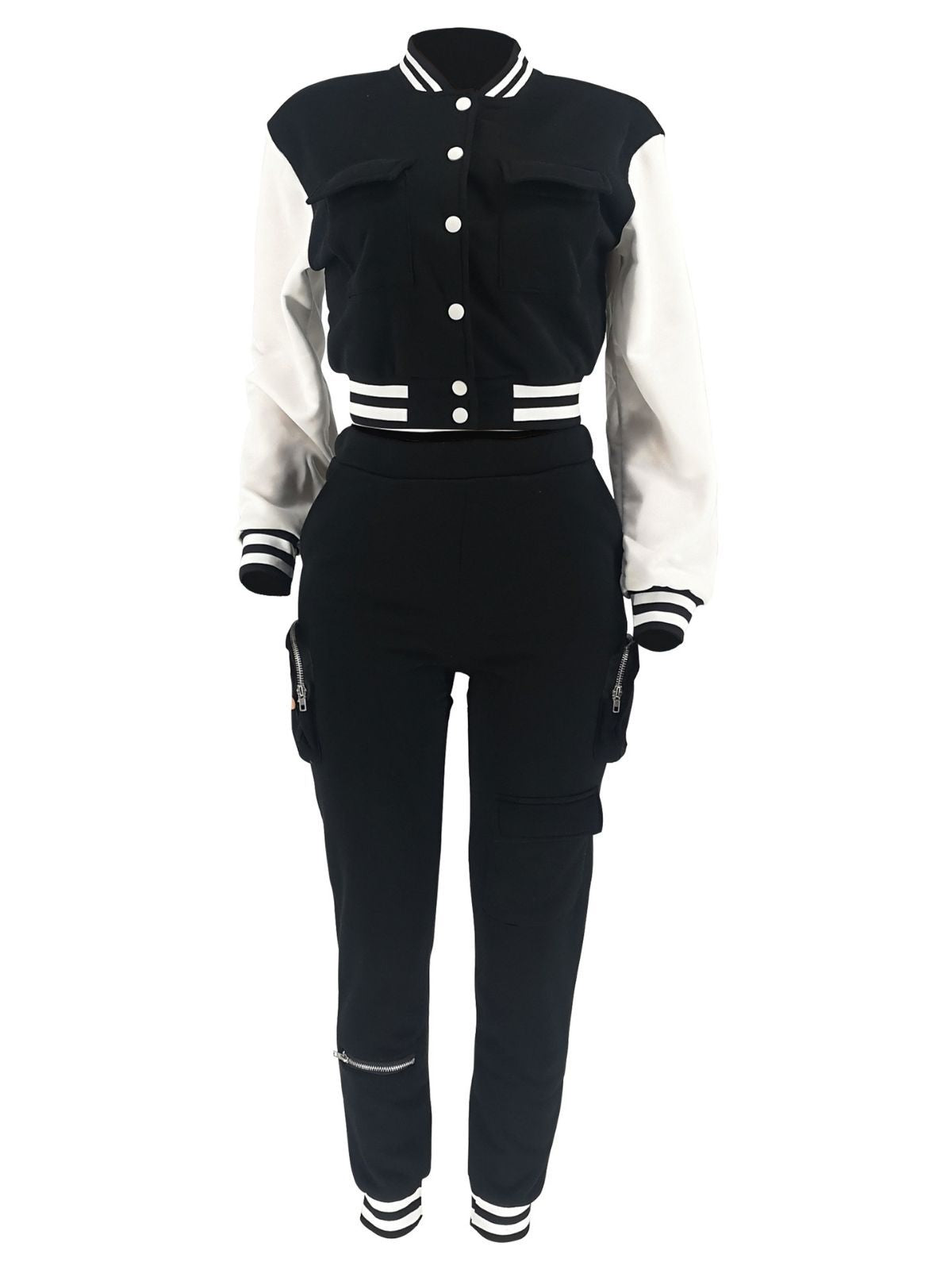 Women's Fall/Winter Casual Cargo Style Color Block Baseball Jacket Sweatpants Sports Two Piece Set 6