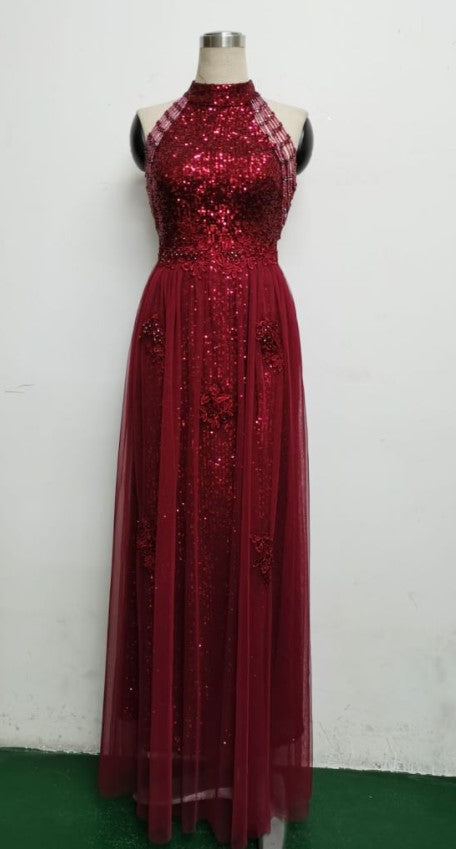 Summer Occassional Red Sequin Mesh Patch Halter Evening Dress 8