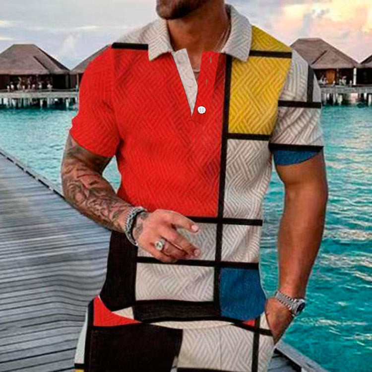 Men's Summer Fashion Casual 3D Printed Polo Shirt Turndown Collar Casual Short Sleeve 43