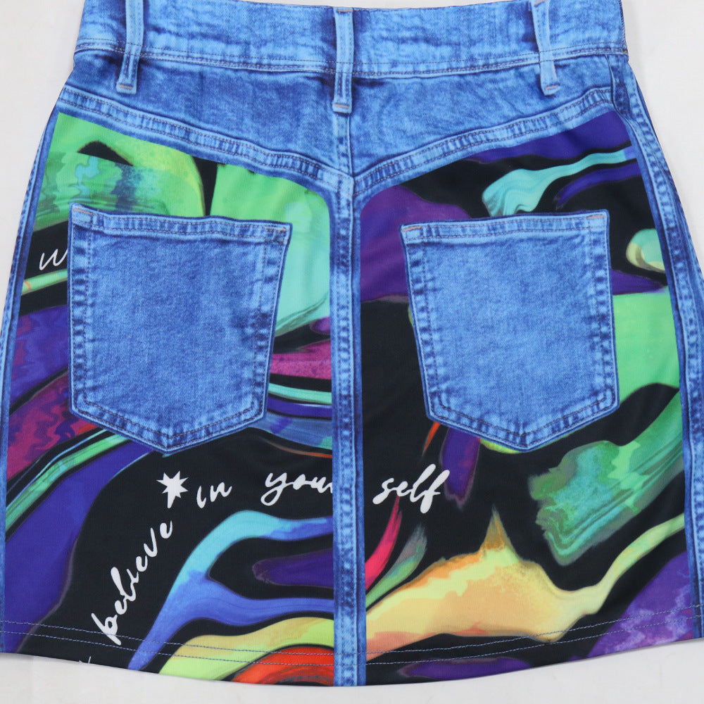 Women's Printed Turndown Collar Long Sleeve Shirt Top Sexy Slim Bodycon Short Skirt Two-Piece Set 14