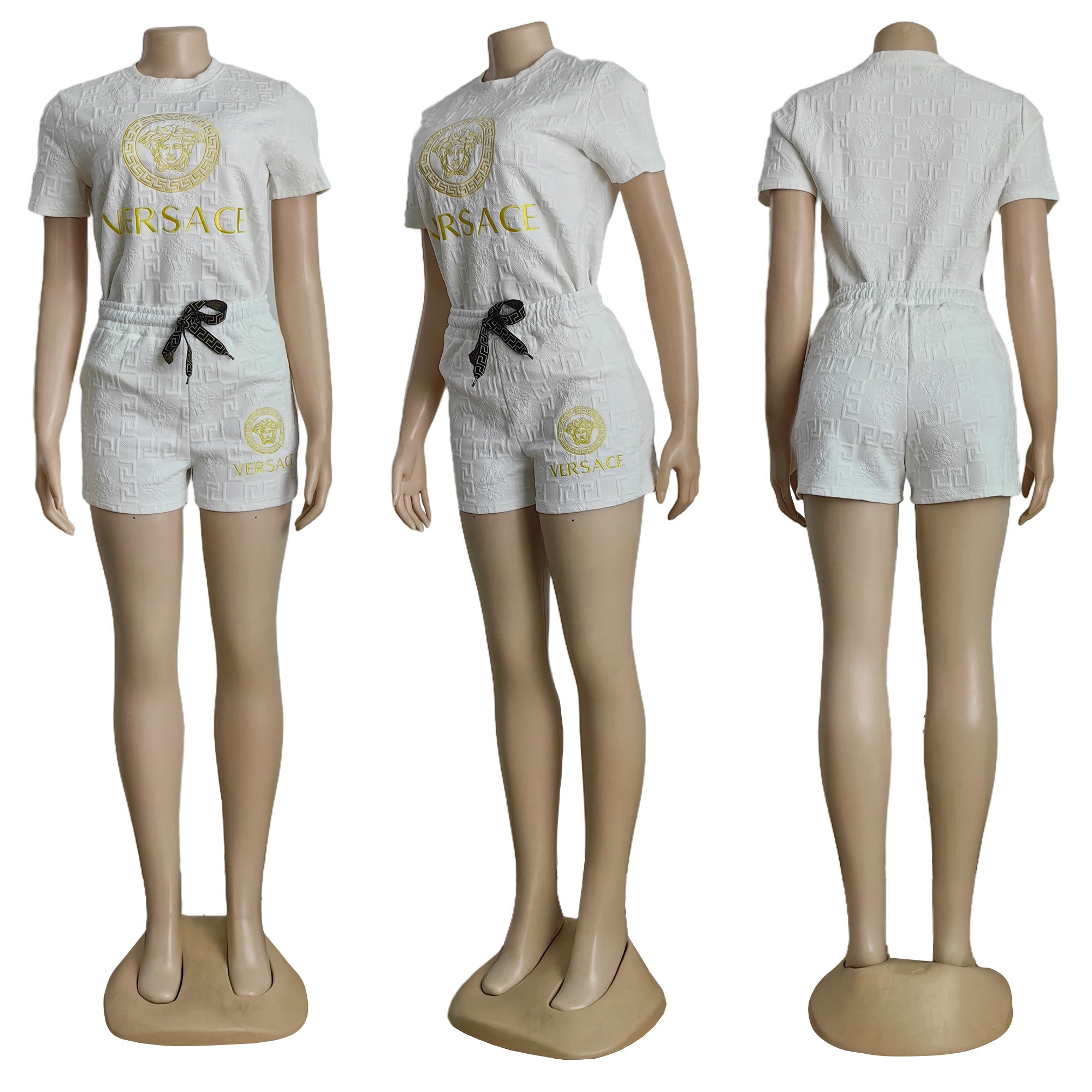 Women summer trendy embroidered + embossed short sleeve Top and shorts two-piece set