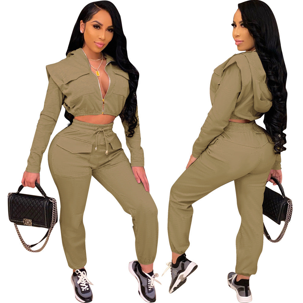 Women Sexy Zip with Cap Long Sleeve Top + Trousers Two-piece Set 9