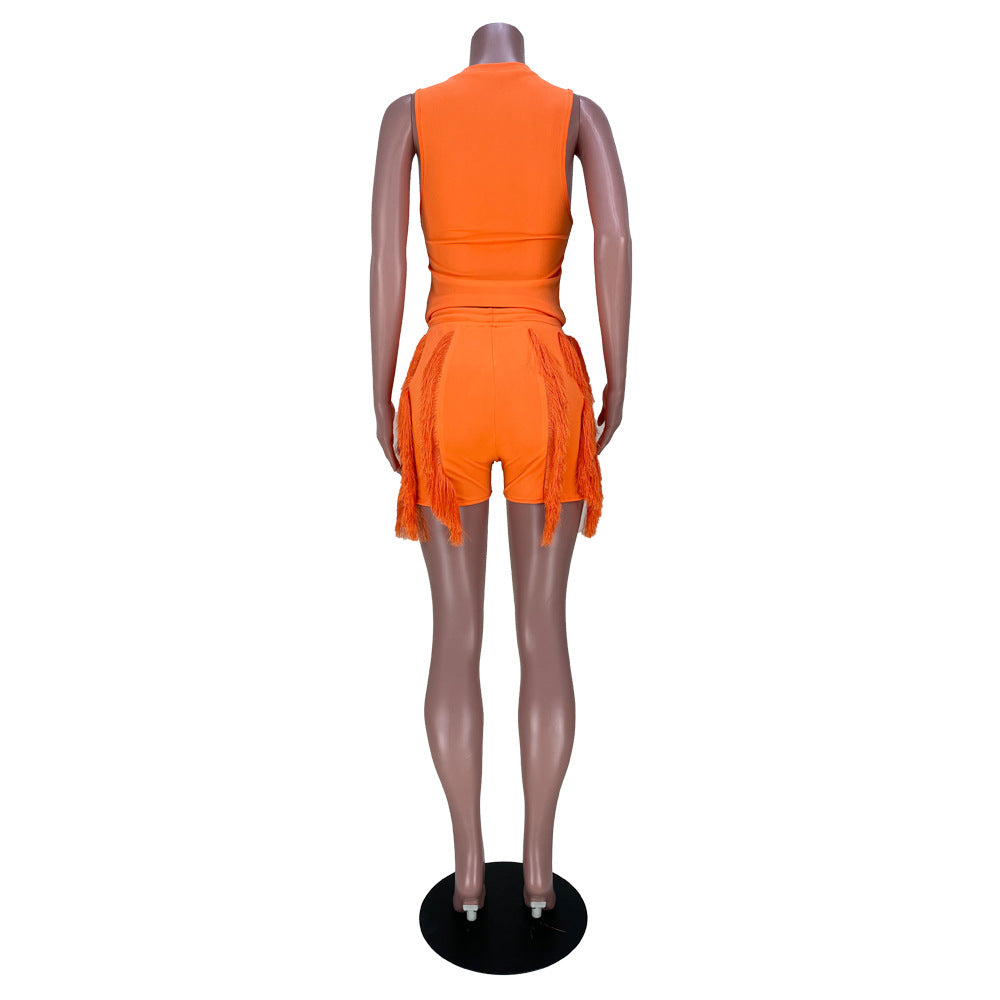 Women'S Sleeveless Tank Top Drawstring Fringe Casual Solid Shorts Two Piece Set 20