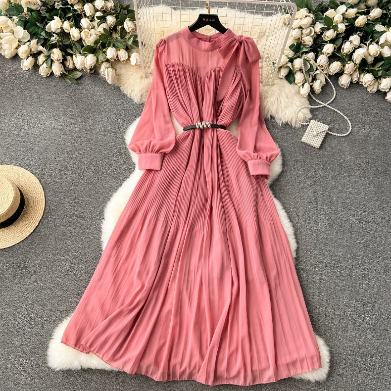 Spring Women's Bow Pleated Chiffon Puff Sleeve Long Dress 32