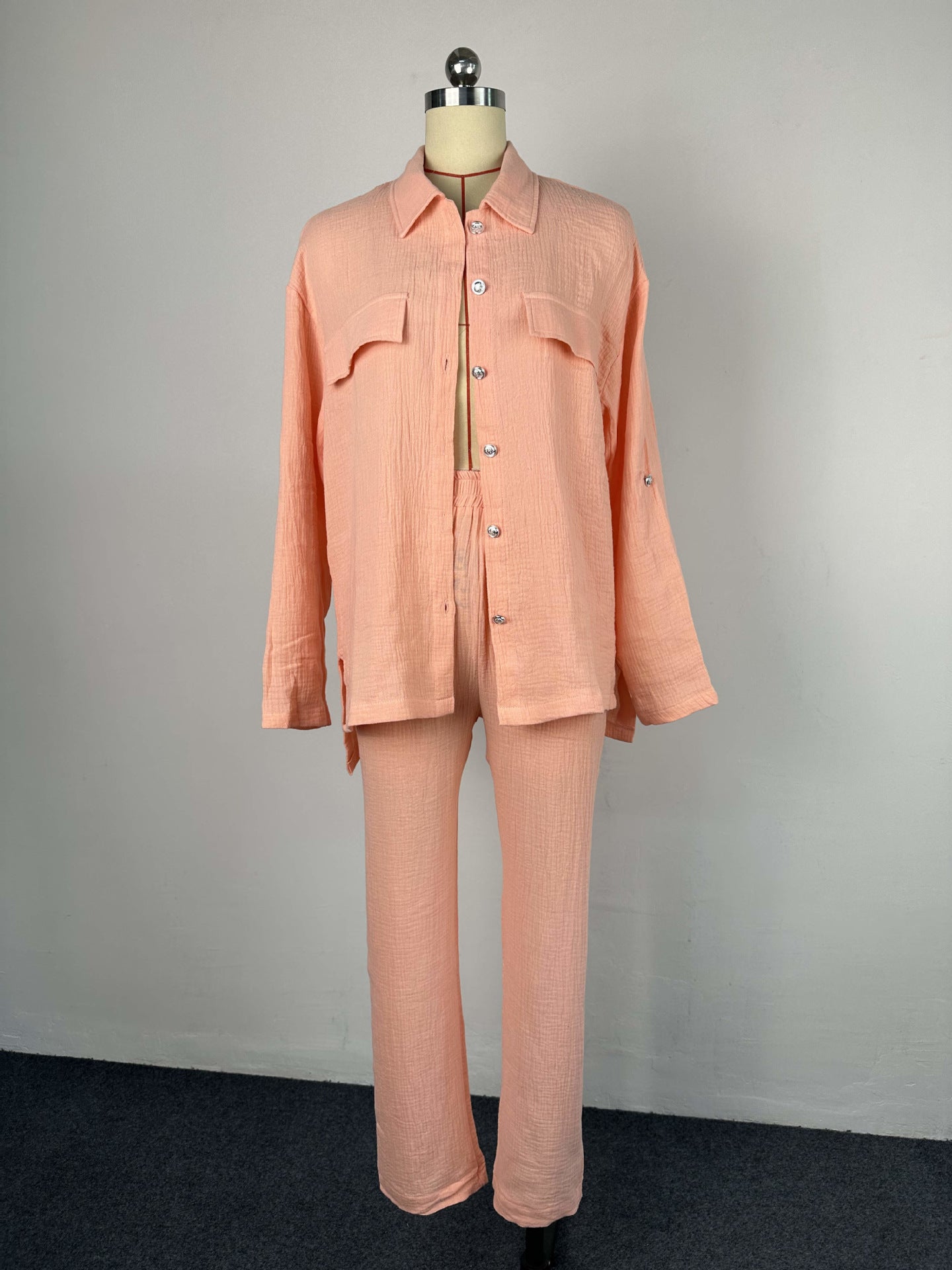 Plus Size Women's Double Crepe Oversized Turndown Collar Long Sleeve Set 26