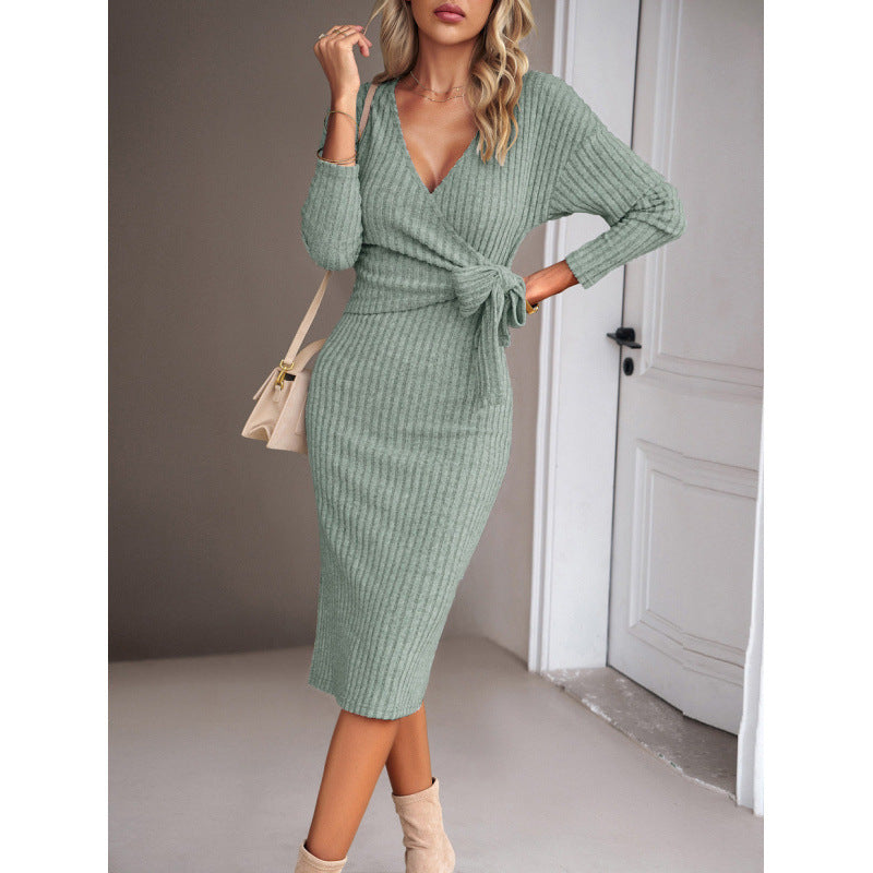 Women autumn and winter v-neck long sleeve knitting lace-up dress 12