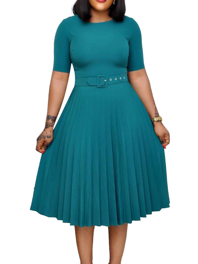 Women's Summer Fashion Round Neck Short Sleeve Solid Color Pleated Elegant Plus Size African Dress 6