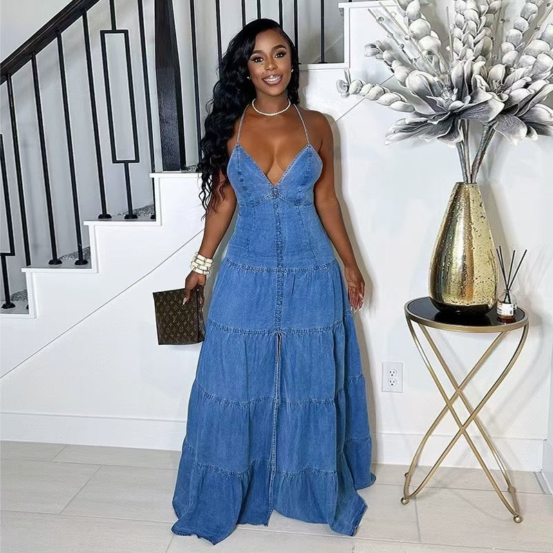 Women's Summer Sexy Fashion V neck Strap Low Back Lace Up Denim Long Dress 4