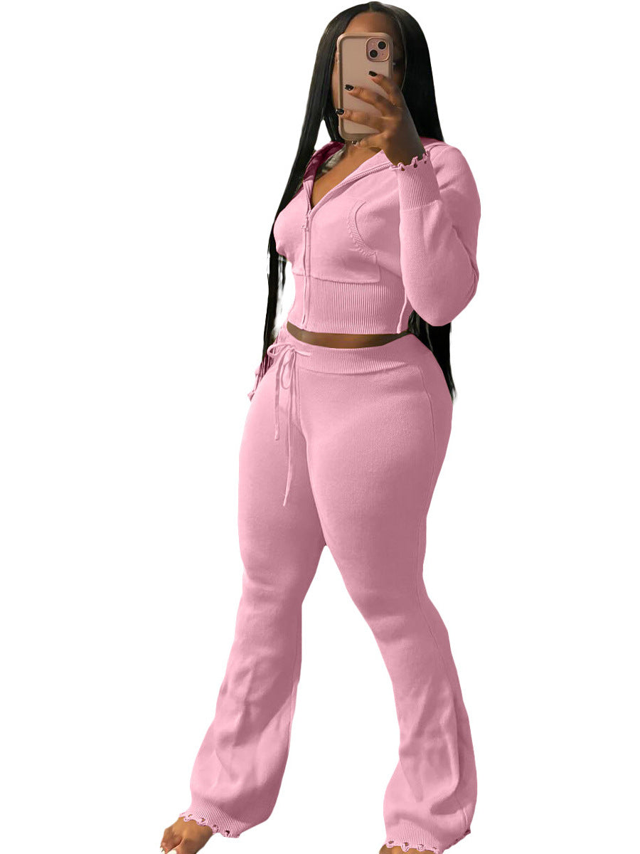 Autumn And Winter Women's Zipper Hooded Sweater Knitting Pants Fashion Casual Sports Two Piece Set