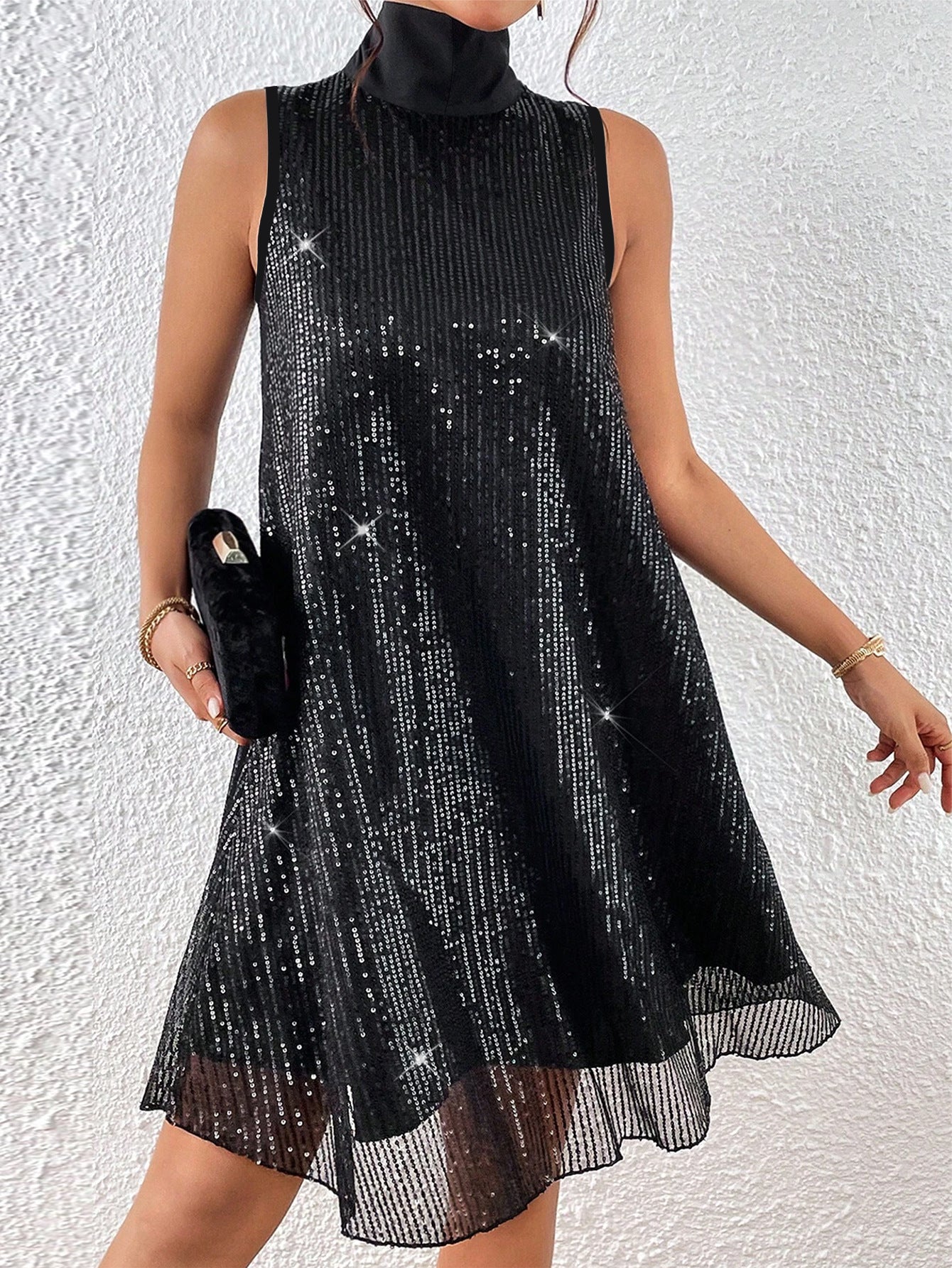 Women's Fashion Elegance high Neck Sleeveless Sequin Plus Size Short Dress 3