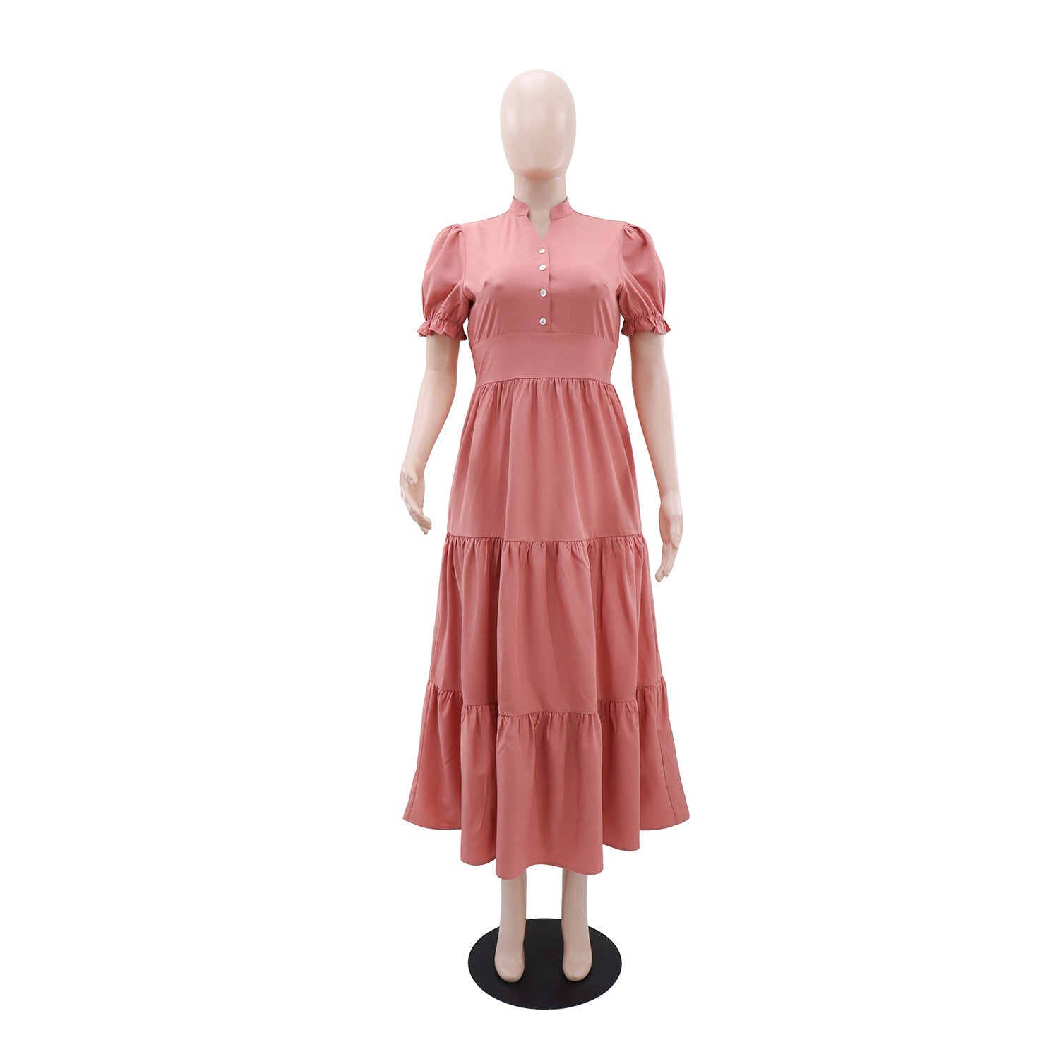 Women's Casual Short-Sleeve V-Neck Slim Waist Button A-Line Dress