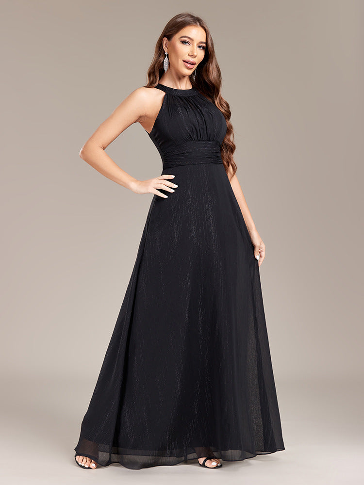Halter Neck Low Back Pleated Slim Waist Formal Party Black Evening Gown 6