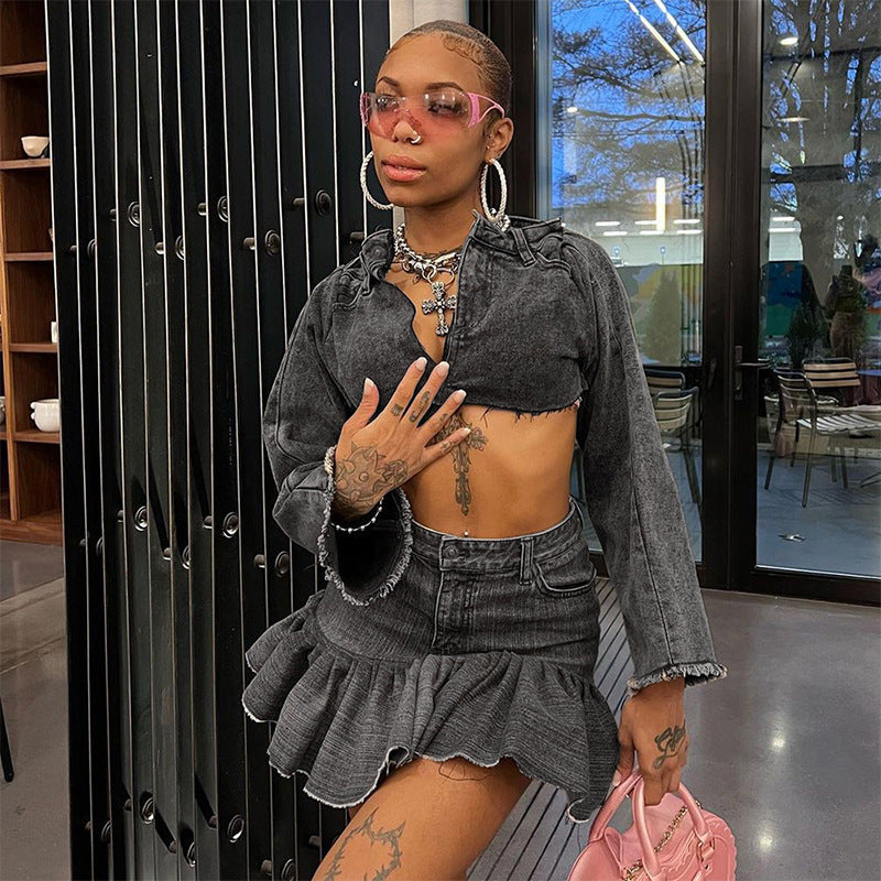 Women Autumn Solid Casual Button Zipper Denim Pleated Skirt 5