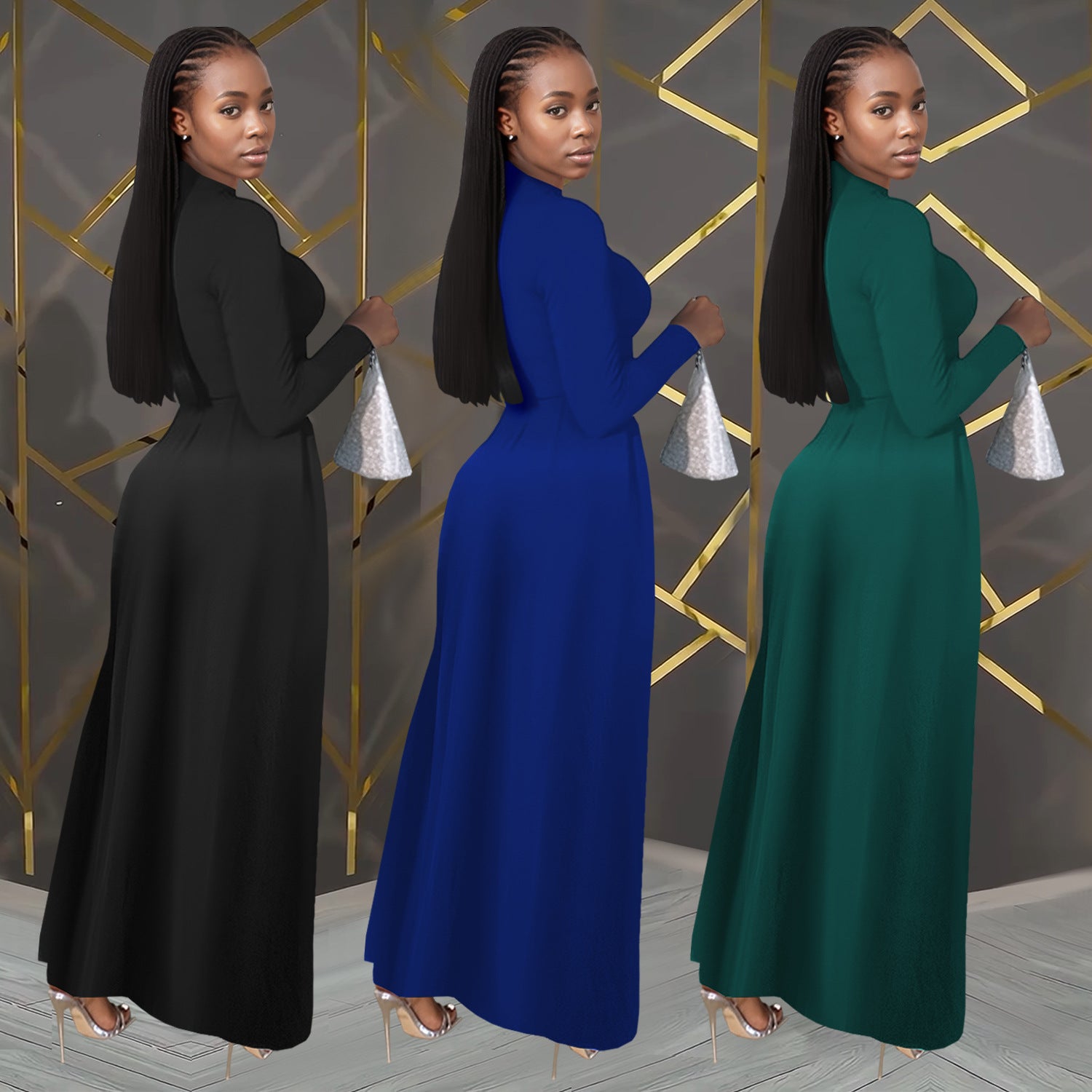 Women Cross Turndown Collar Long Sleeve Dress 5