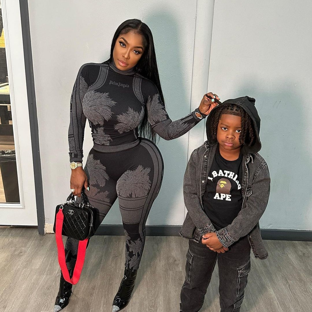 Women's Irregular Printed Tight Fitting Long Sleeve Tops And Pants Casual Two Piece Set 4