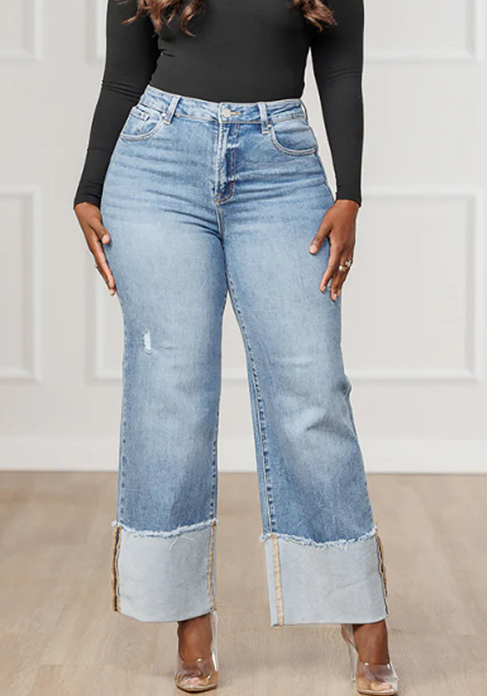 Autumn Winter Women's Solid Color Washed Trousers Folded Legs Long Denim Pants