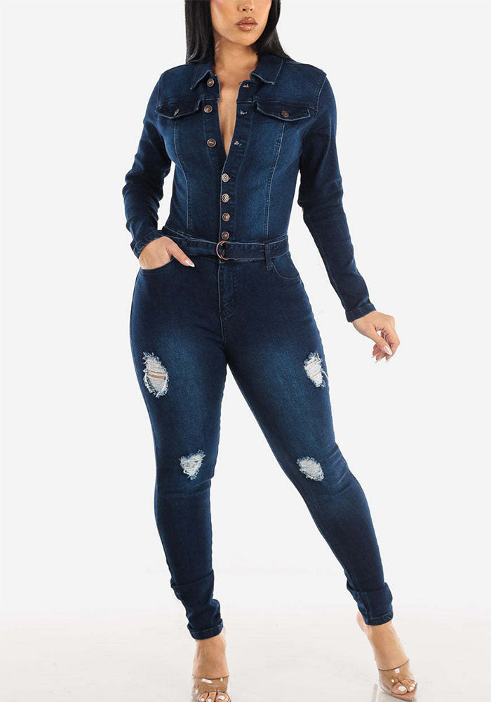 Women Stretch Ripped Washed Long Sleeve Denim Jumpsuit