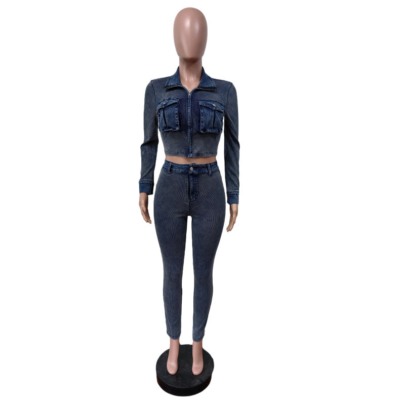 Women Denim Patchwork Ribbed Sretchy Long Sleeve Top and Pant Two-Piece Set 6