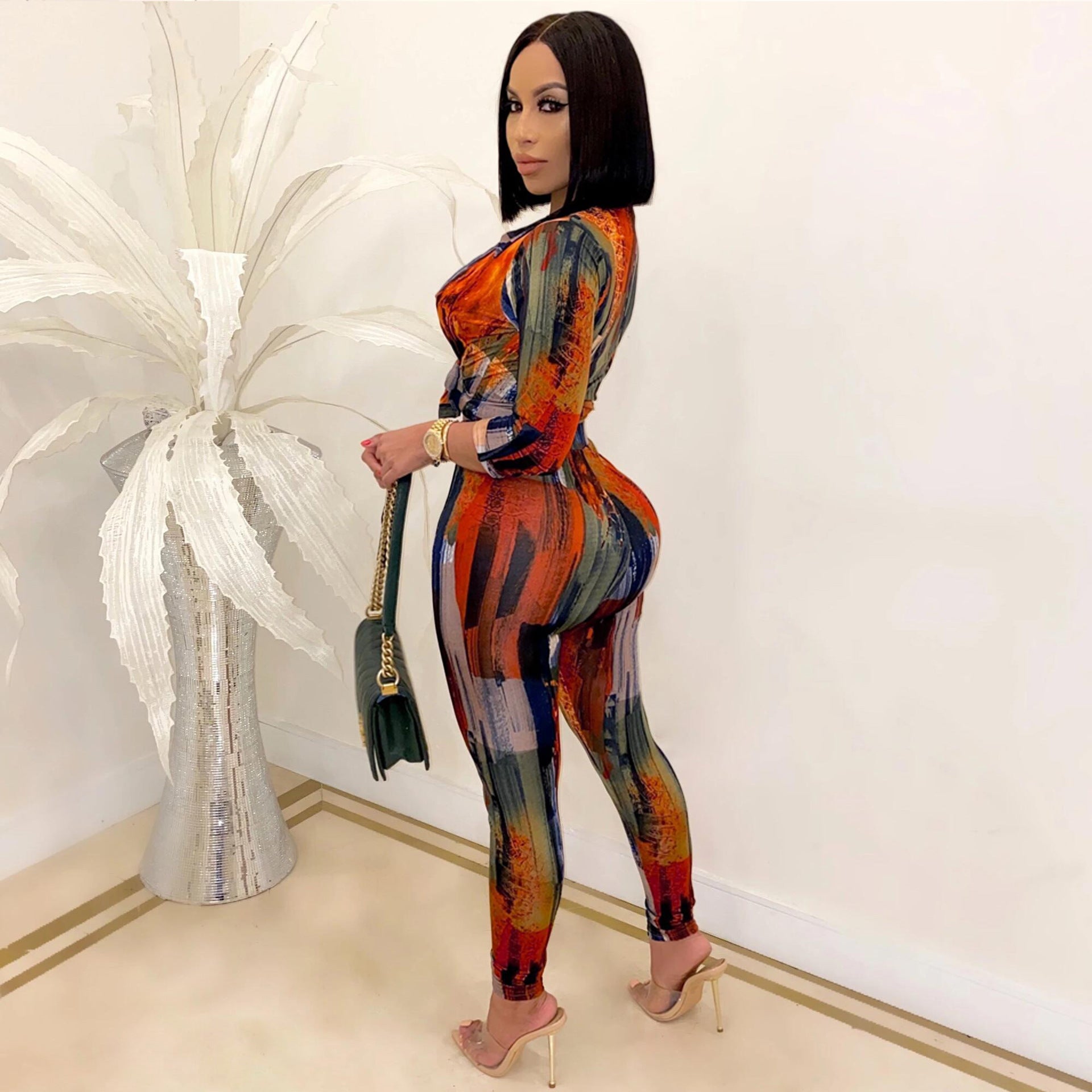 Women Turndown Collar Long Sleeve Printed Casual Two-piece Set 4