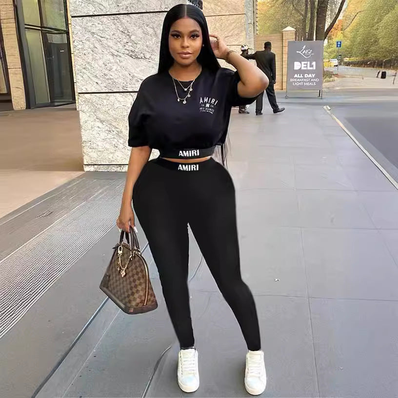 Fashion Women's Letter Printed Short Sleeve T-Shirt Slim Pants Two-Piece Set