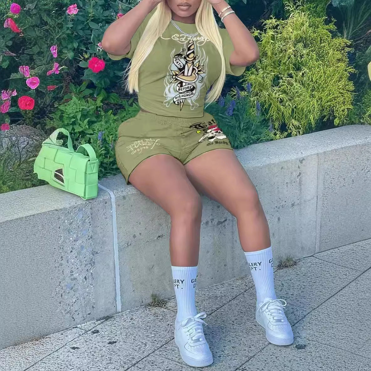 Women's Spring And Summer Printed Short-Sleeved Sports Two-Piece Shorts Set 7