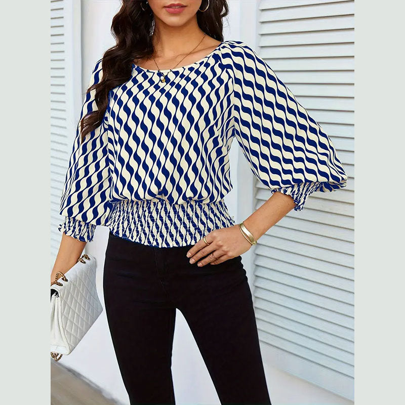 Spring Women's Lantern Sleeve Top & Slim Waist Contrast Print Long Sleeve T-Shirt 3