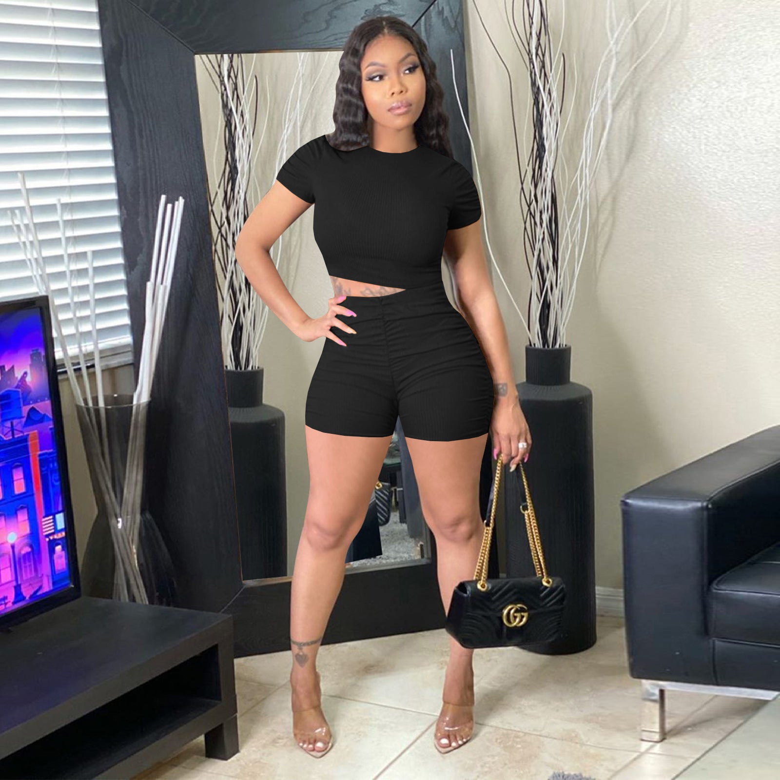 Women's solid color slim fit Short Sleeve high waist two piece Shorts Set 3