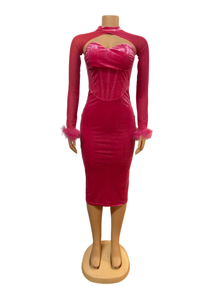 Low-Cut Sexy strapless Low-Back Bodycon Dress Feather Patchwork Long-Sleeve Top Two Piece Set 4