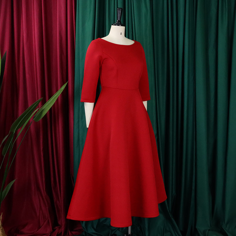 Women's Summer Solid Color Swing Dress Chic Evening Dress 26