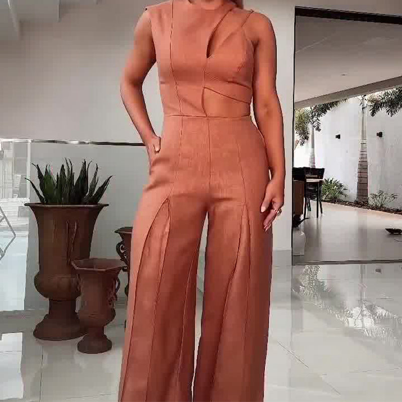 Summer Fashion Round Neck High Waist Solid Color Hollow Wide Leg Jumpsuit