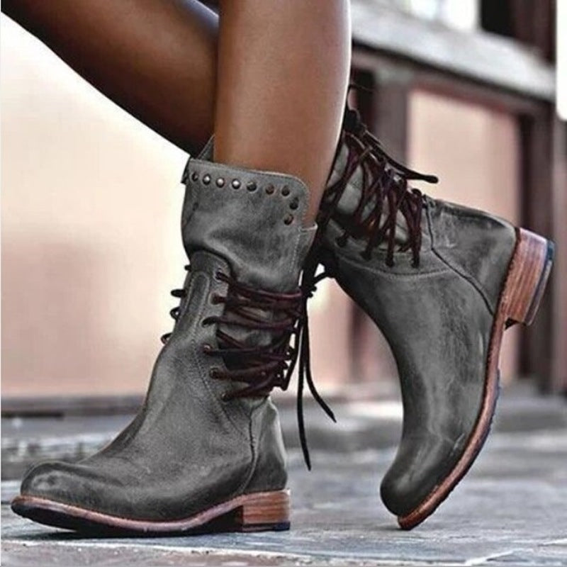 Women Knight Lace-Up thick heel mid-calf Roman boots 3