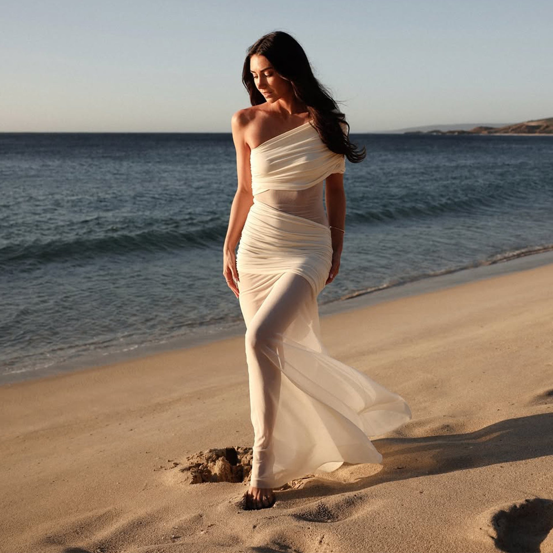 Spring fashionable off-shoulder chic sexy mesh patchwork slim dress 6