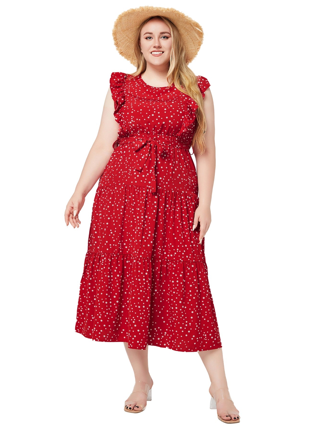 Plus Size Women Summer Round Neck Ruffle Sleeveless Polka Dot Dress 6