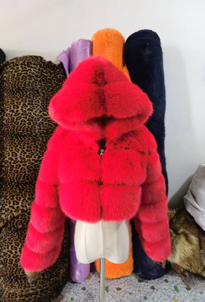 Fur Coat Cropped Hooded Faux Fur Coat Long Sleeve Patchwork Women's Coat 68