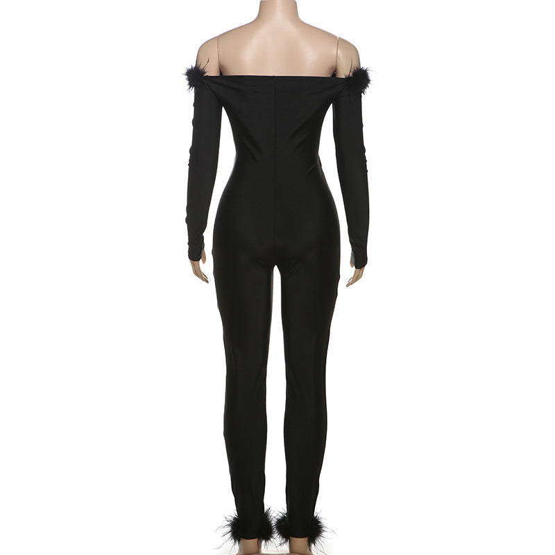 Spring Fashion Street Trend Off Shoulder Fur Patchwork High-Waist Hollow Women's Jumpsuit 8