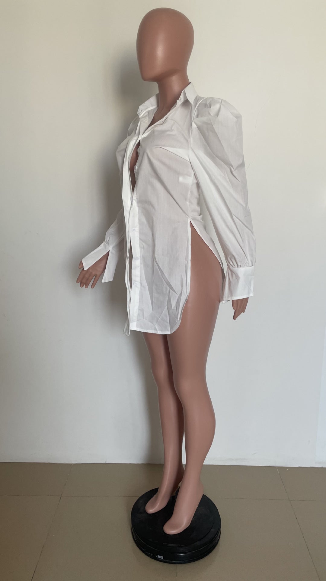 Fashionable sexy solid long sleeve single-breasted V-neck white irregular shirt 7