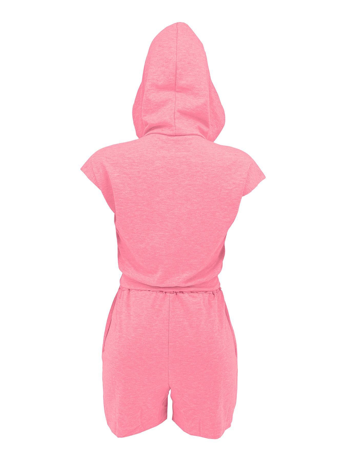 Women Summer Hooded Pocket Sports Solid Top and Shorts Casual Two-piece Set 15