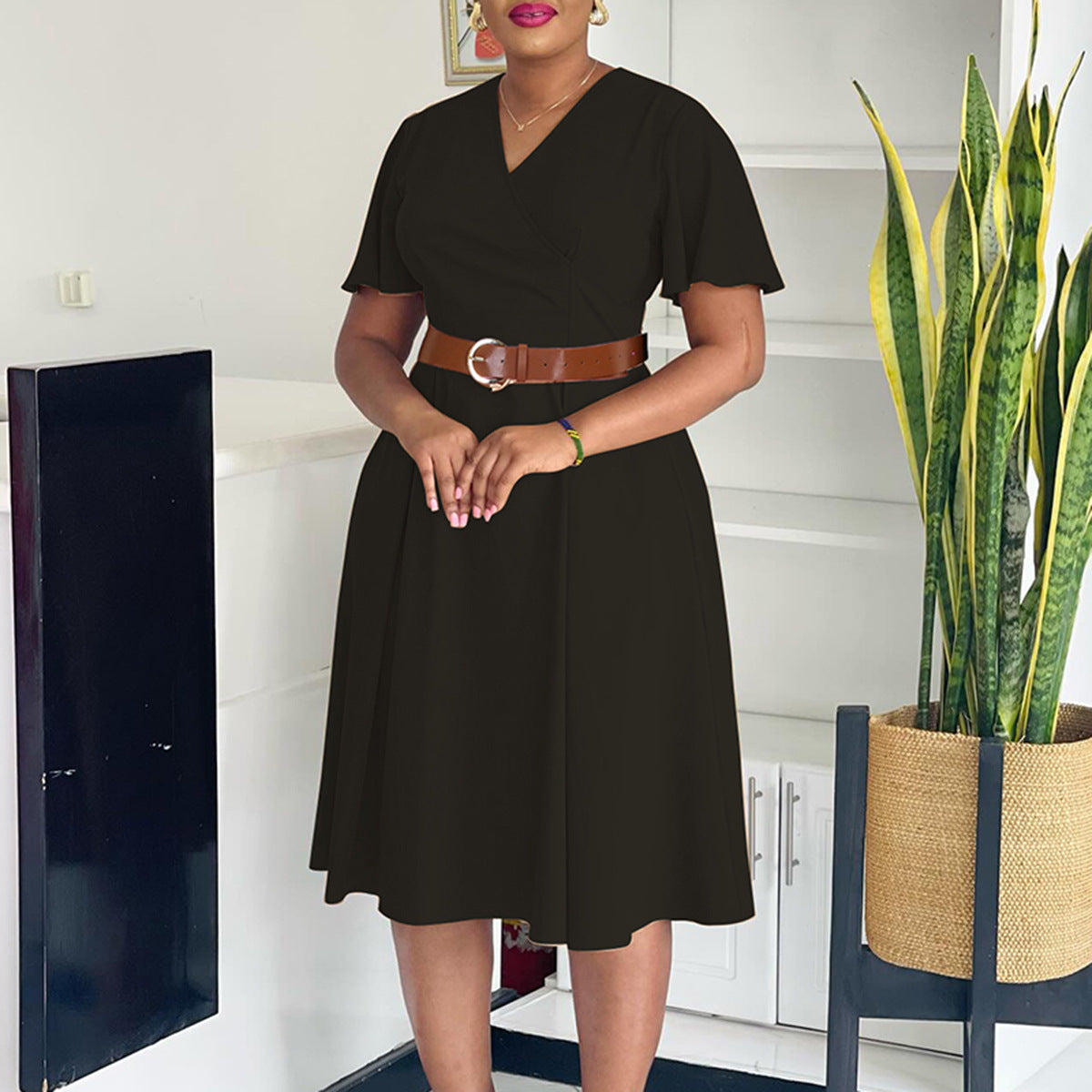 Plus Size Women Elegant Solid V-Neck Bell Bottom Sleeve African Dress 4