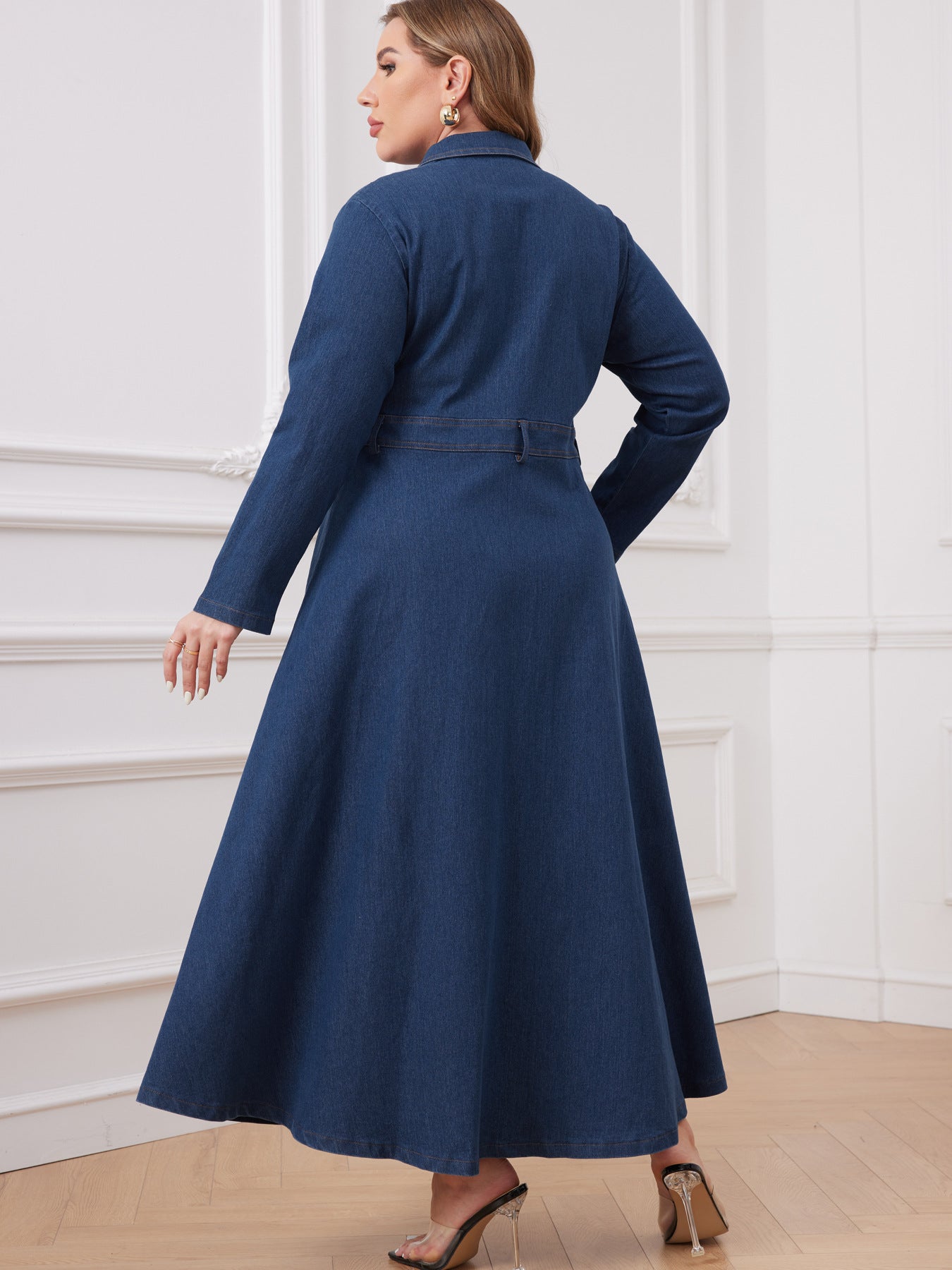 Plus Size Women Women Denim Turndown Collar Long Sleeve Dress 4