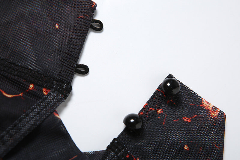 Women Summer Street Trend Mesh See-Through Print Backless Jumpsuit 32