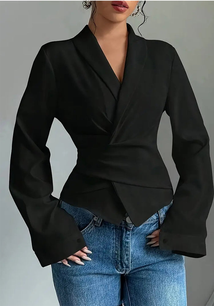 Fashion Lace-Up Solid Color Women's Long Sleeve Turndown Collar Shirt