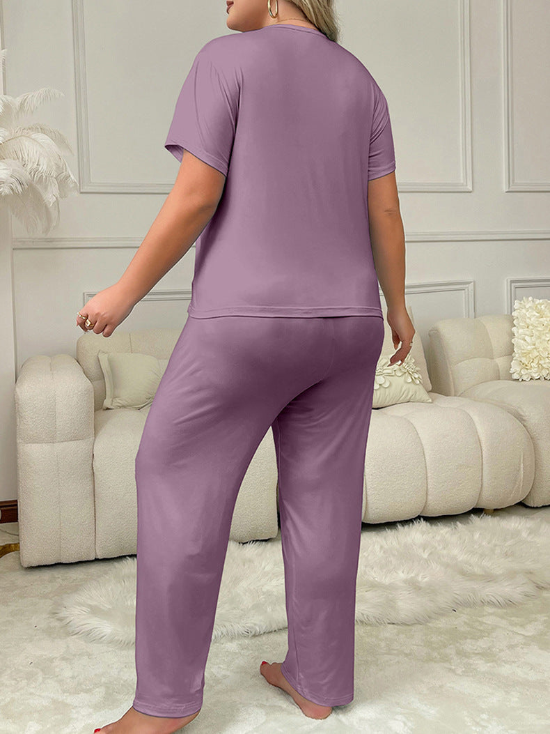 Plus Size Women Spring Summer Printed Short Sleeve T-shirt and Pants Pajama Set 6