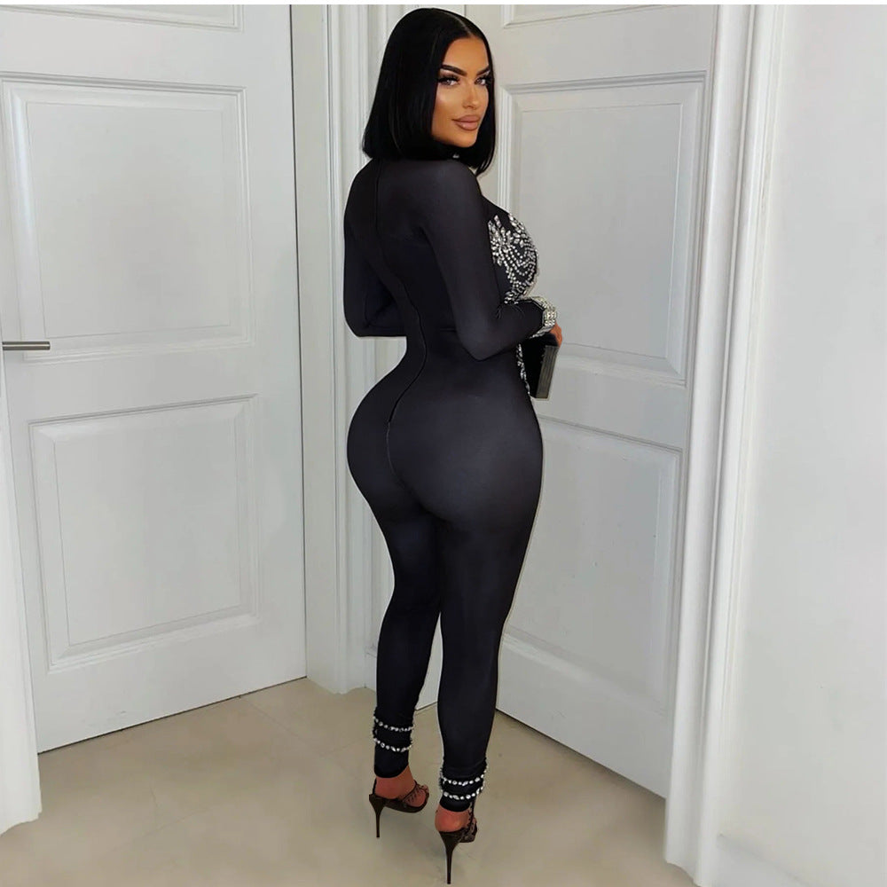 Long Sleeve Beaded Tight-Fitting Nightclub Women's Fashion Jumpsuit
