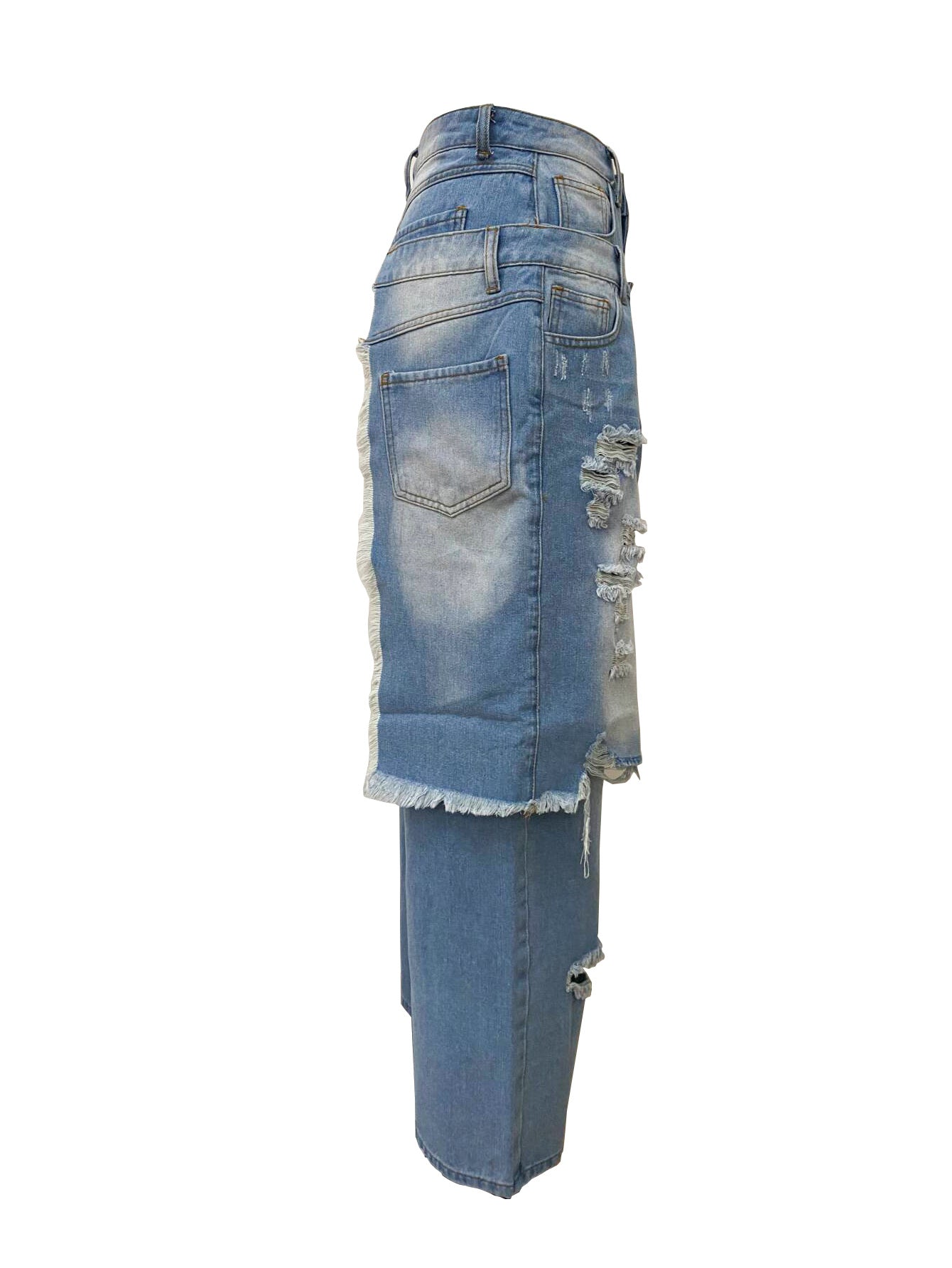 Autumn Winter Women's Fashion Denim Distressed Patchwork Destroyed Loose Straight Leg Pants 14