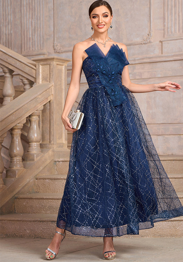 Blue Strapless Mesh Sequins Patchwork Ladies Evening Dress