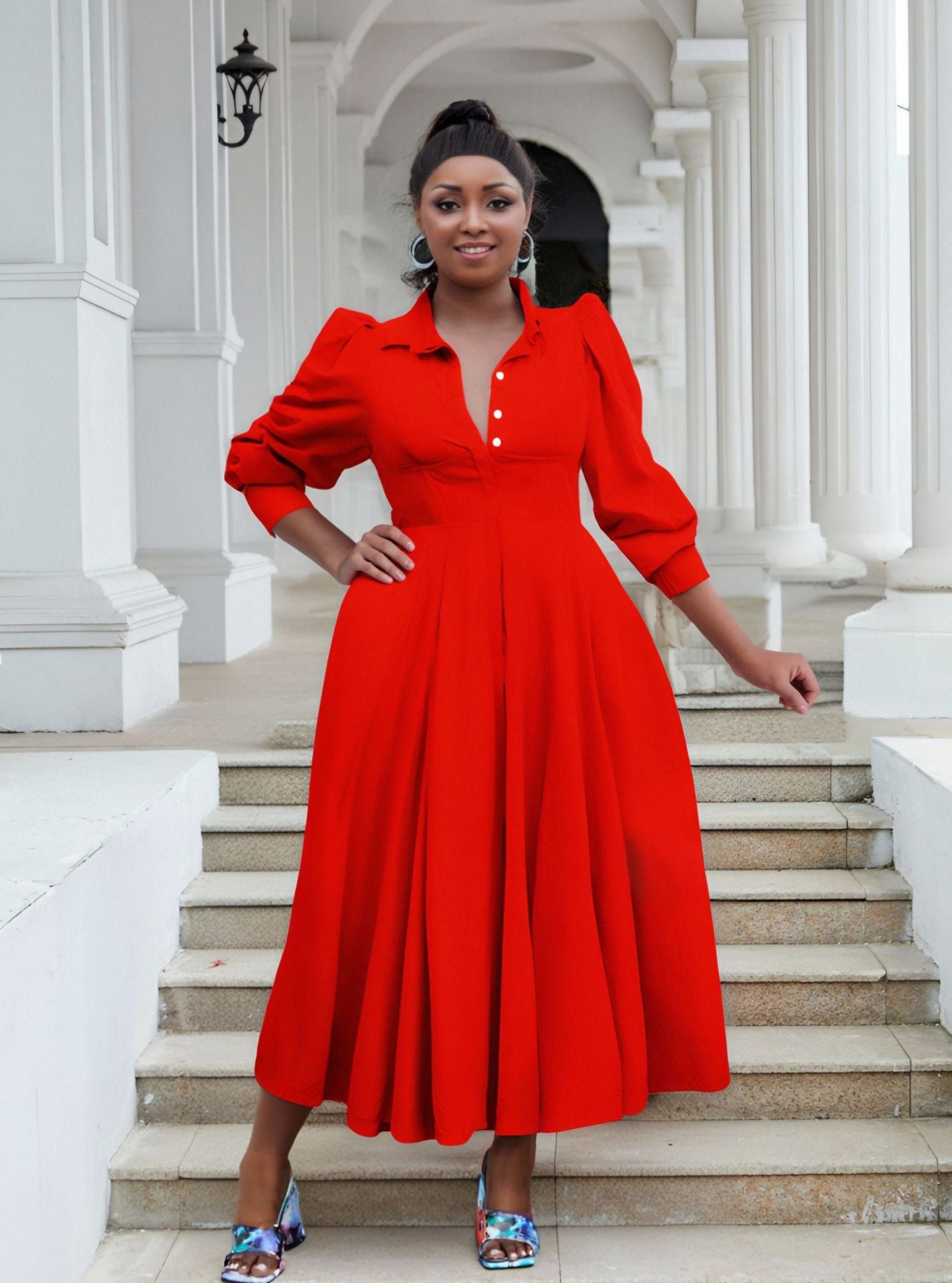 Plus Size Women Elegant Long Sleeve Solid Shirt Dress 12